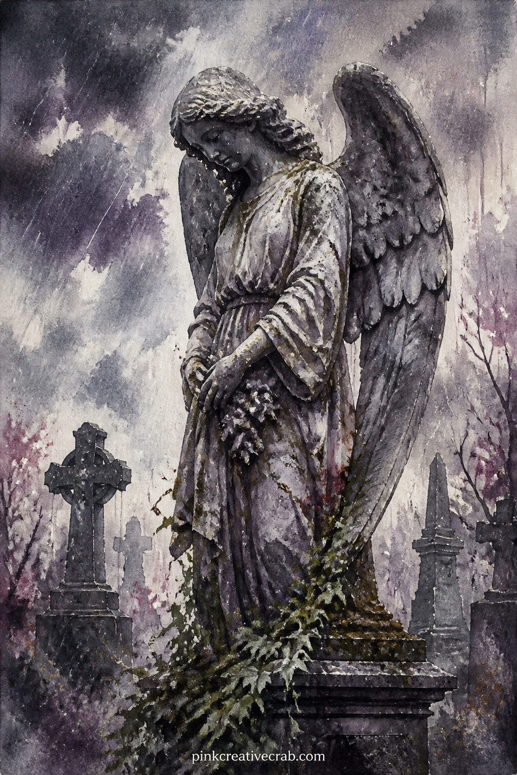 Angel Statue In The Rain printable page — Pair this page with the fog over the abbey ruins page from earlier in the set, placing them across from each other so