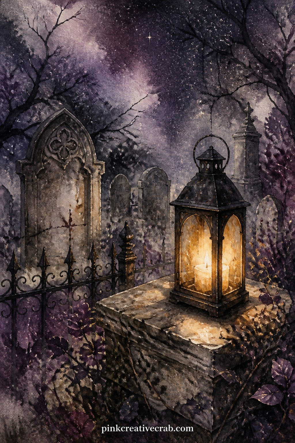 Lantern Among The Graves printable page — What time of night does your journal entry happen here, and who is carrying the lantern through the stones. Gothic