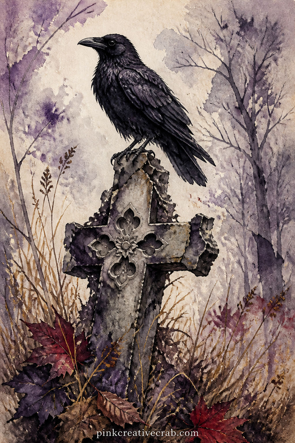 Crow On A Broken Cross printable page — A single crow balances on a cracked stone cross, head turned toward a path that disappears into the tree line beyond