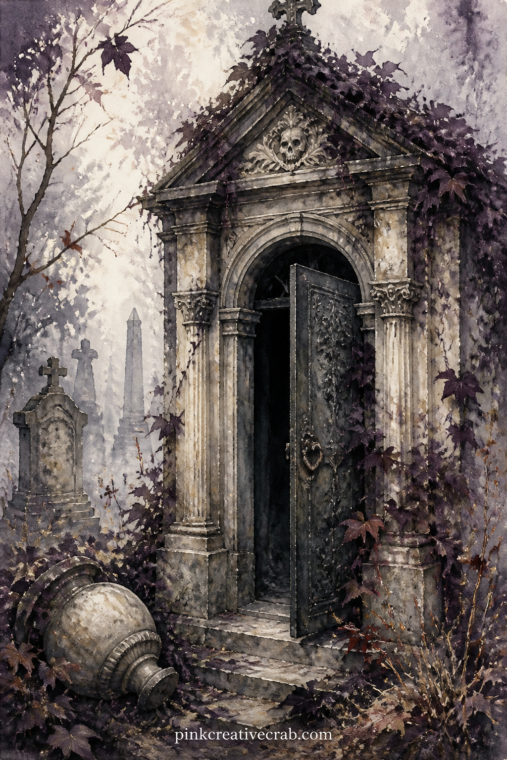 Mausoleum Door Ajar printable page — The common error here is painting the doorway as a flat black rectangle, which flattens the whole page instead of pulling