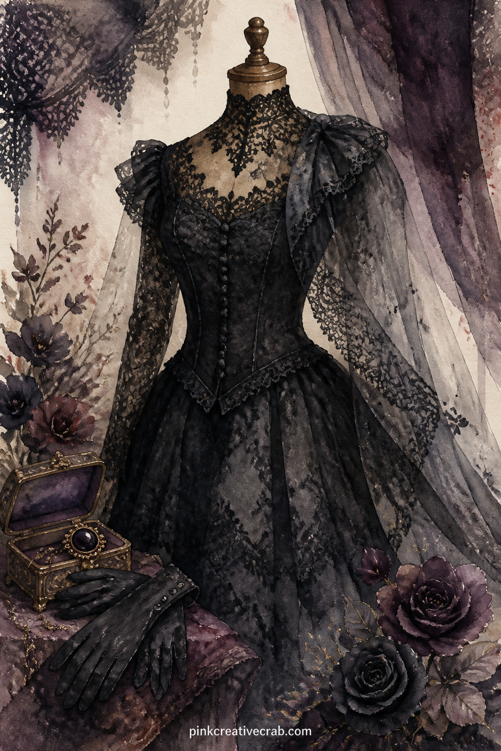 Black Lace Mourning Dress printable page — A high necked mourning dress in black lace hangs on a wooden mannequin, a veil draped loosely over its shoulder.