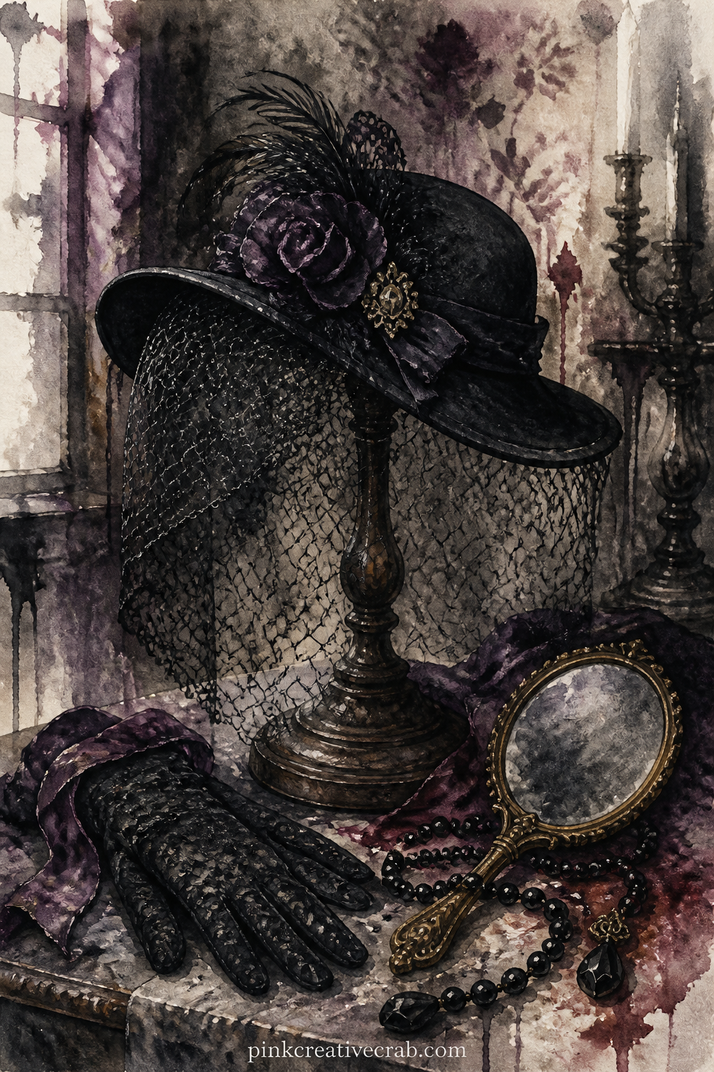 Veiled Hat On A Stand printable page — A wide brimmed mourning hat with a black net veil sits on a wooden stand beside a pair of folded gloves. Gothic junk