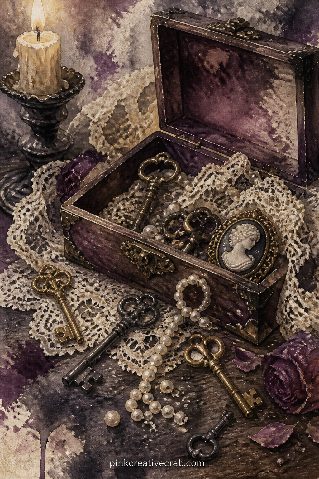 Jewellery Box And Keys printable page — Glue a torn scrap of ribbon or lace along the bottom edge of this page so it overlaps slightly onto the next one