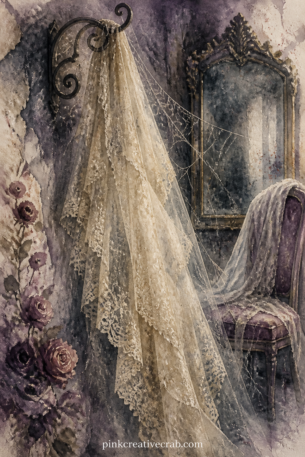 Spider Silk On A Wedding Veil printable page — A forgotten wedding veil hangs from a hook, spider silk stretched between its folds, untouched for what looks