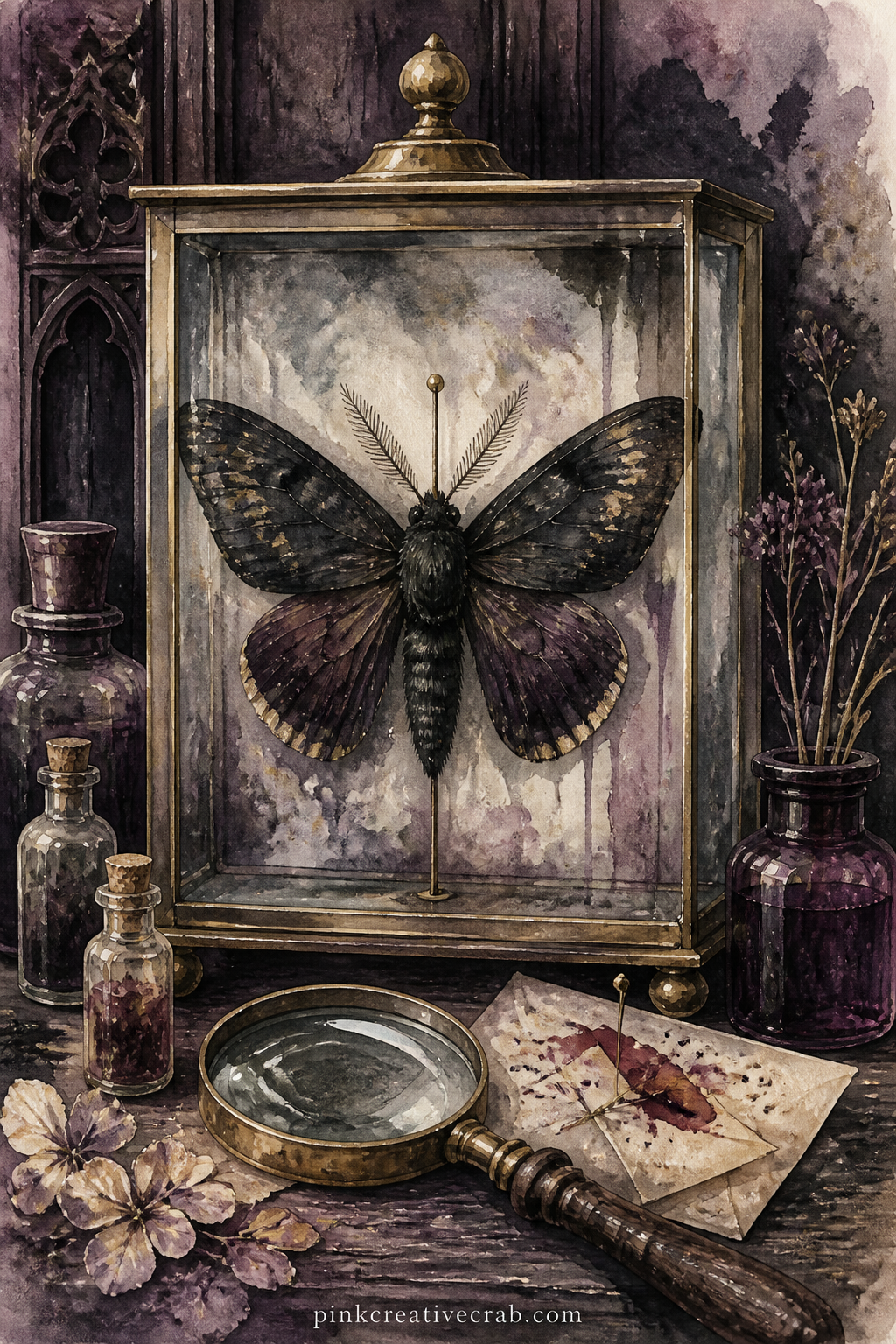 Moth Pinned In A Glass Case printable page — What drew you to collect this particular moth, and does it belong to a person in your story or to you. Gothic junk