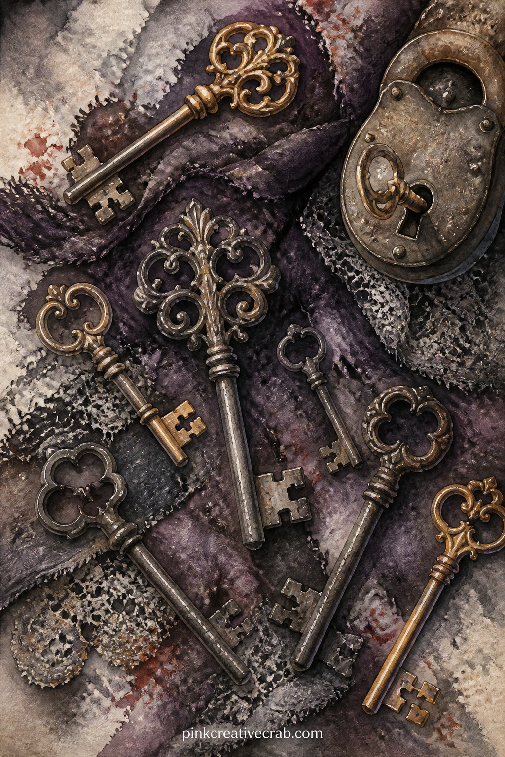 Skeleton Key Collection printable page — This is the five minute version for a busy page: a handful of keys, a worn cloth, nothing more to paint around them.