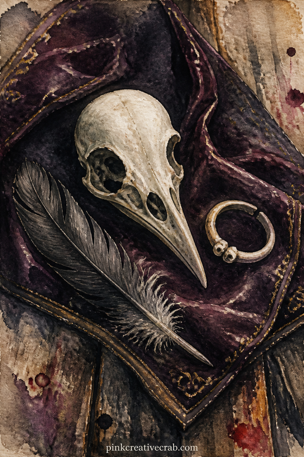 Raven Skull On Velvet printable page — A small raven skull rests on a square of dark velvet, a single black feather laid beside it like an offering. Gothic