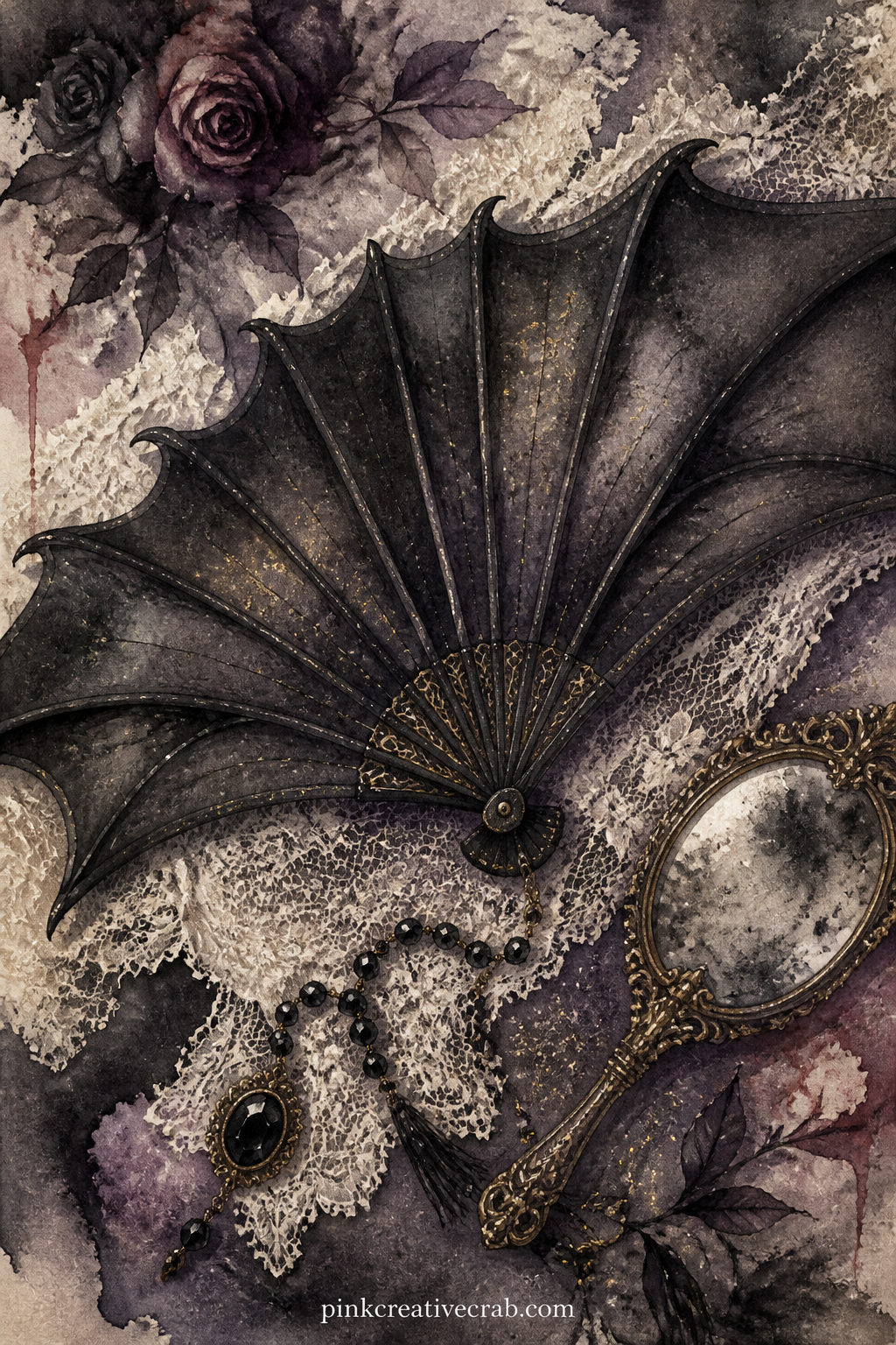 Bat Wing Fan On Lace printable page — A folding fan shaped like a bat's wing lies open across a scrap of black lace, its ribs carved from dark wood. Gothic