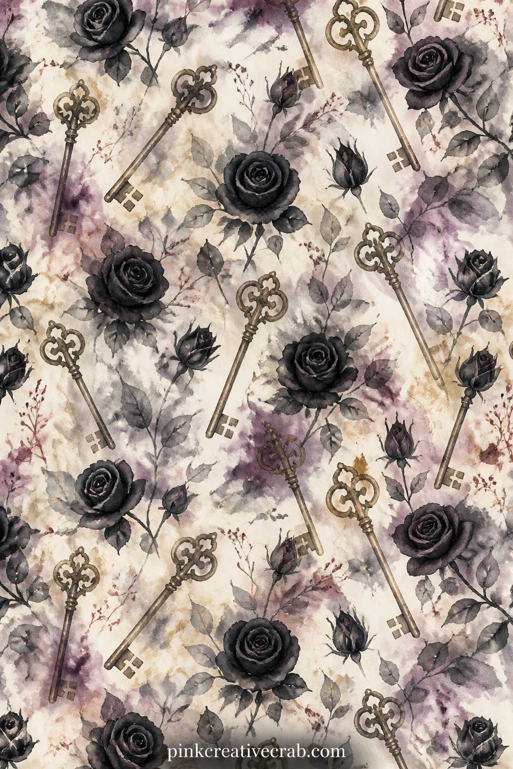Black Roses And Keys Pattern printable page — Use this pattern of small black roses tangled with old keys as a cover sheet, under a photograph of a graveyard