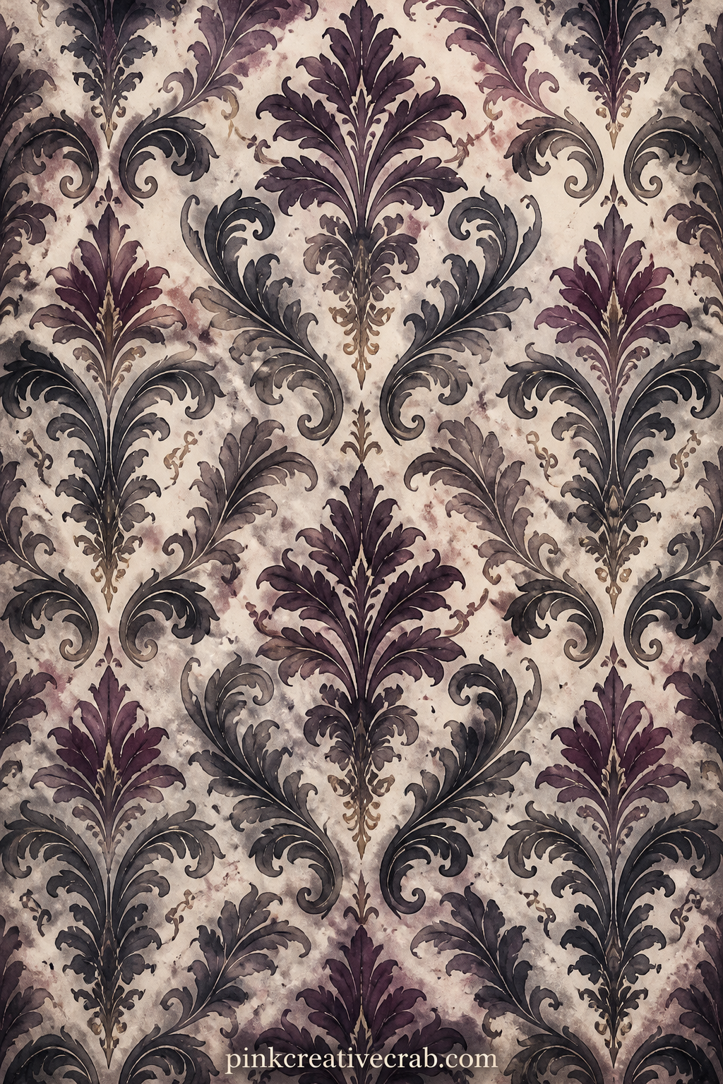 Damask In Charcoal And Plum printable page — This formal damask suits a cover page, a lining behind a mirror shaped cutout, or a backdrop for a ribbon bookmark