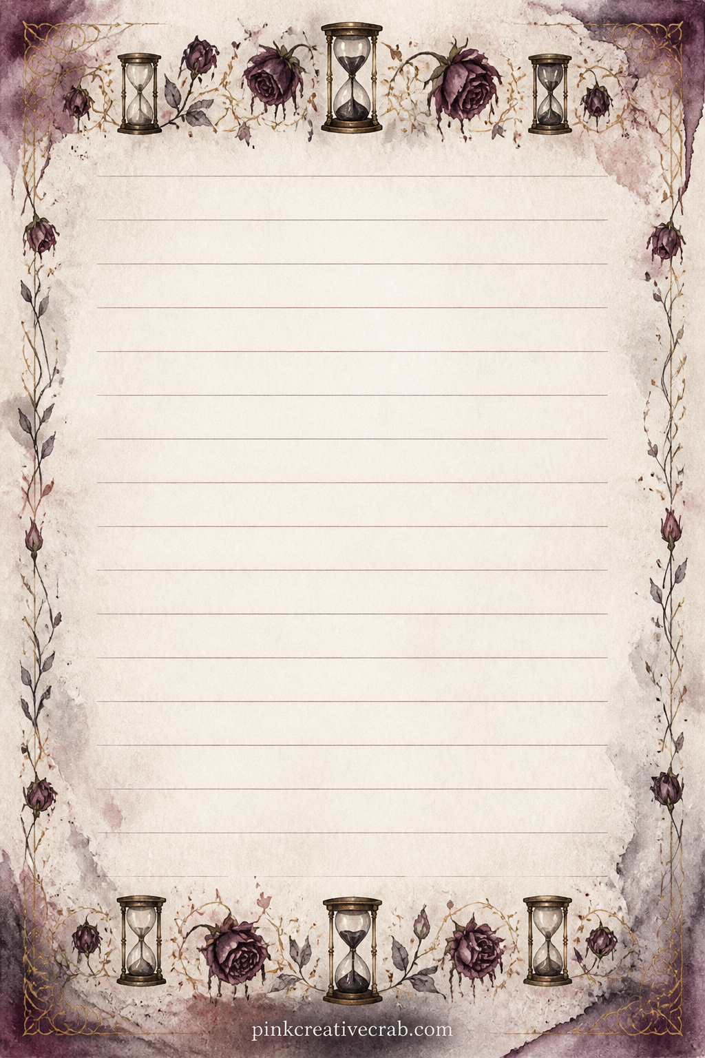 Memento Mori Lined Page printable page — A narrow border of hourglasses and wilted roses frames the ruled lines, ready for a reflection on mortality, a list of