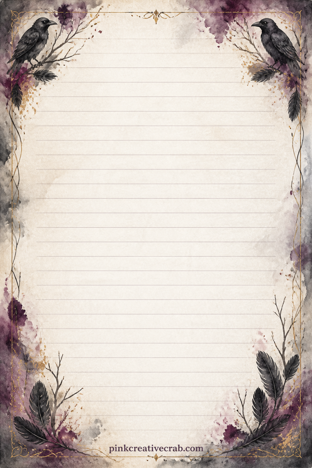 Raven Corner Sprays Lined Page printable page — Each corner holds a small spray of feathers and branches, leaving the centre clear for a dream you had, a quote