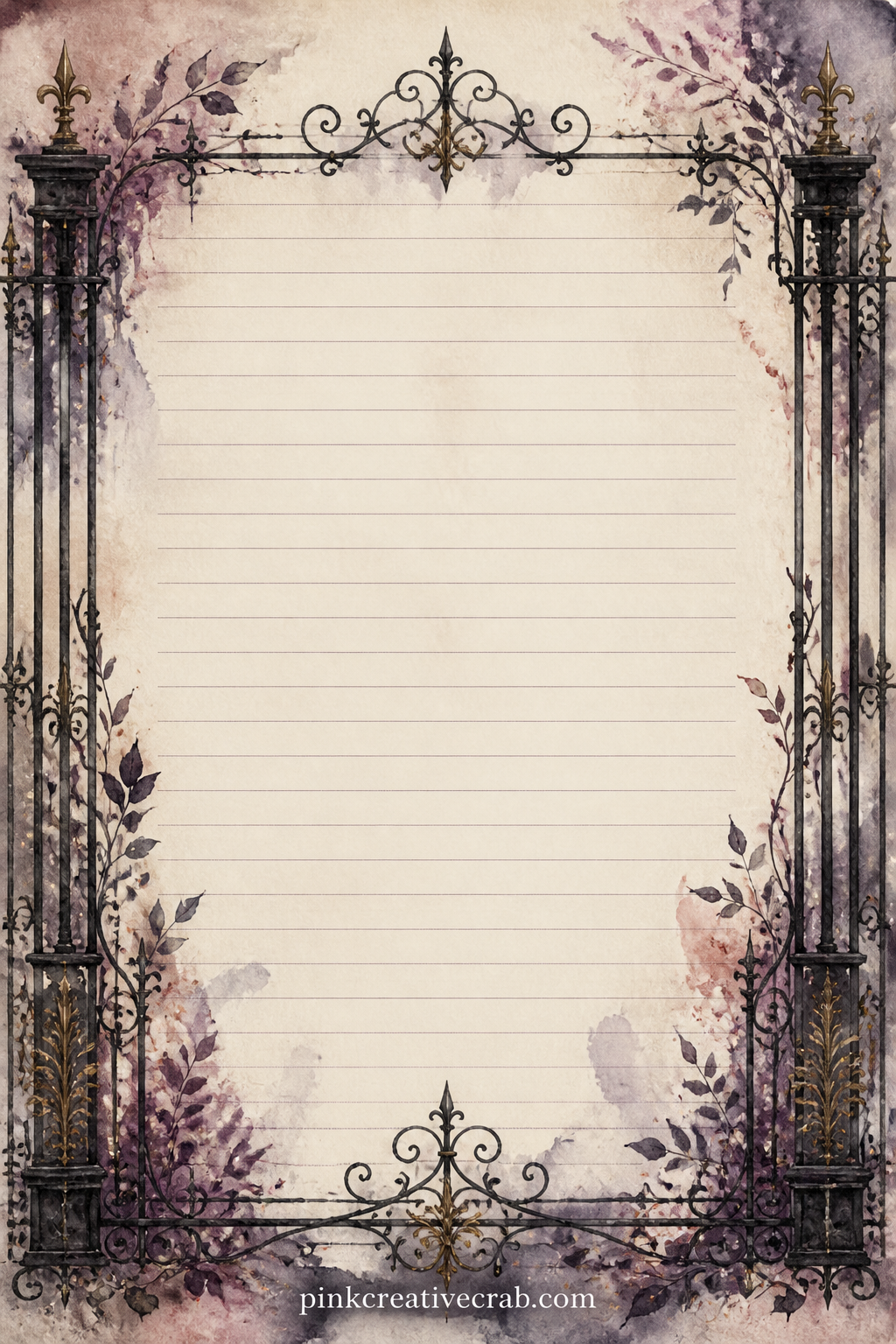 Iron Gate Frame Lined Page printable page — The ruled lines sit inside a thin painted gate, suited to a graveyard visit, a list of ghost stories you know, or