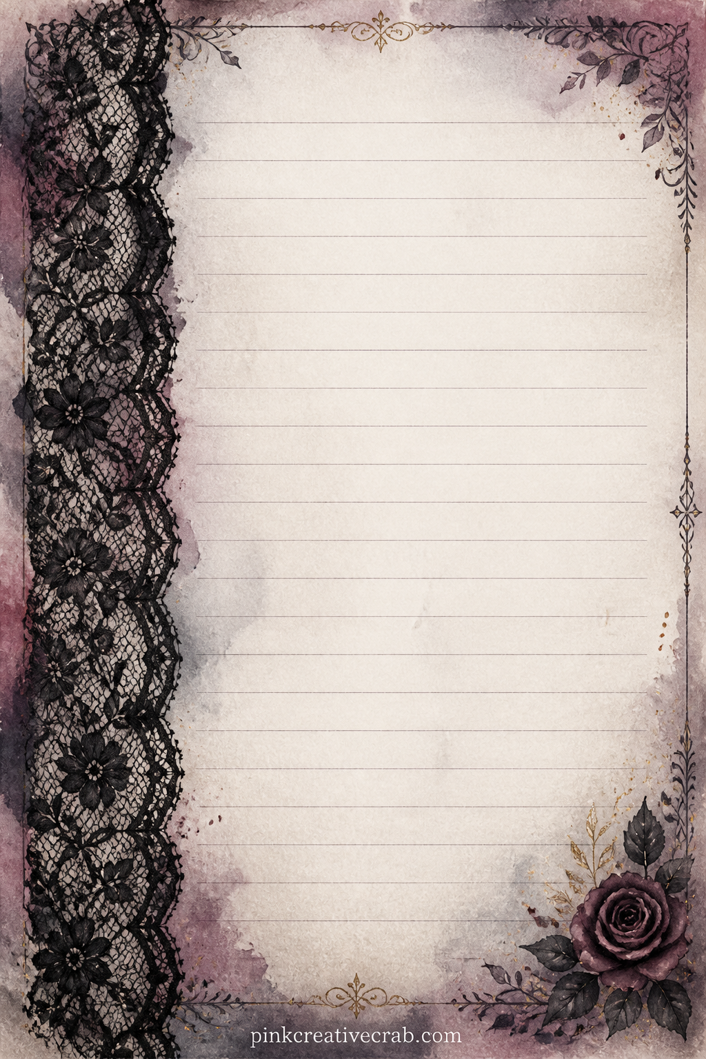 Black Lace Band Lined Page printable page — A band of black lace trim runs down the left edge, leaving room for a packing list for an autumn trip, a mourning