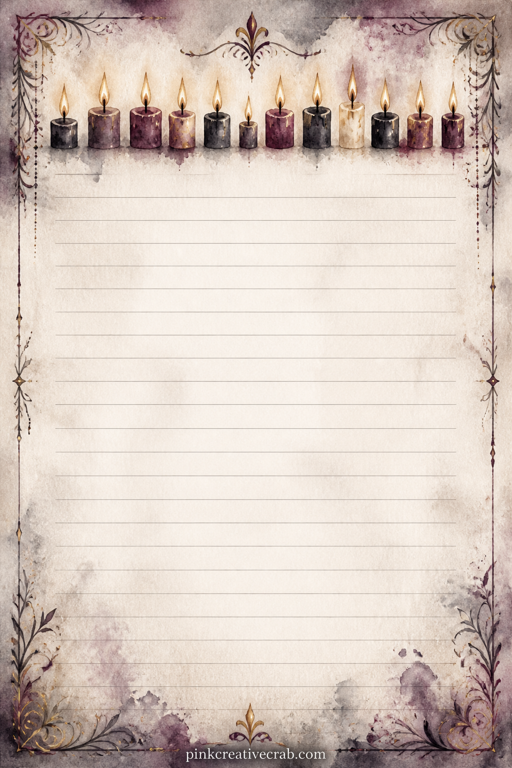 Candle Flame Frame Lined Page printable page — Small painted candle flames line the top edge like a row of votives, good for a gratitude list written at night
