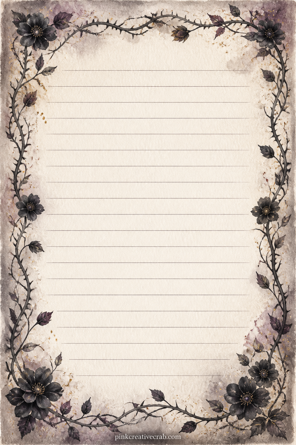Thorn Vine Frame Lined Page printable page — A thin vine of thorns and small black blooms wraps the full border, leaving space for a love letter, a list of