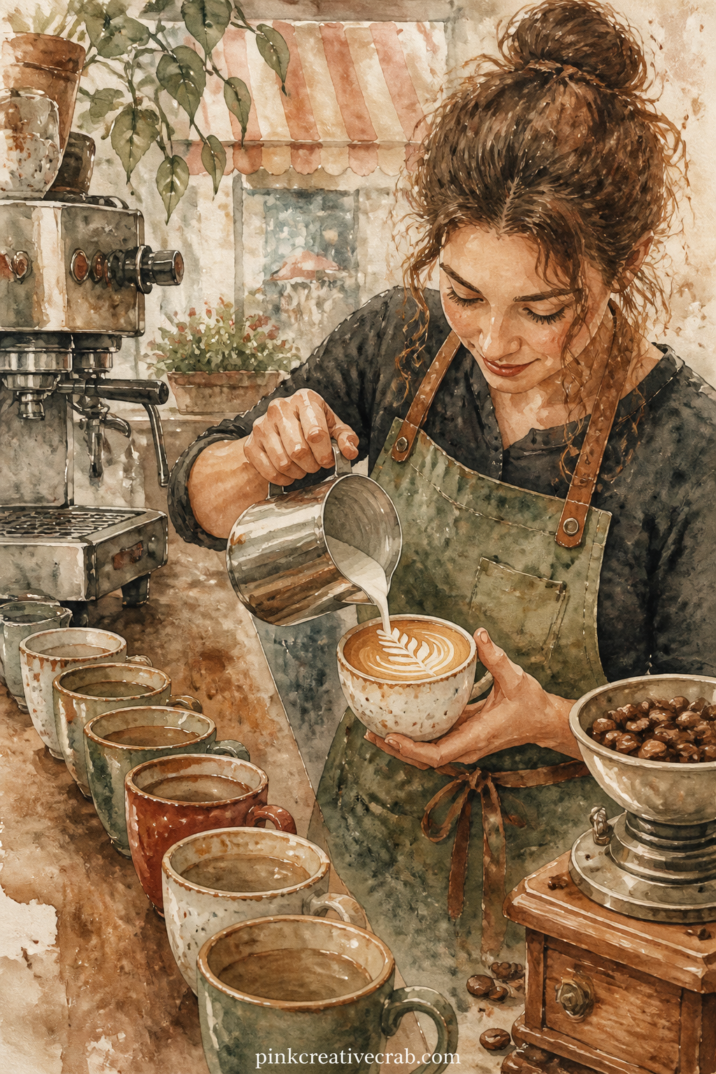 Barista Pouring Latte Art printable page — A barista tilts a steel pitcher over a cup, pouring a rosette into the foam while a row of mugs and a espresso