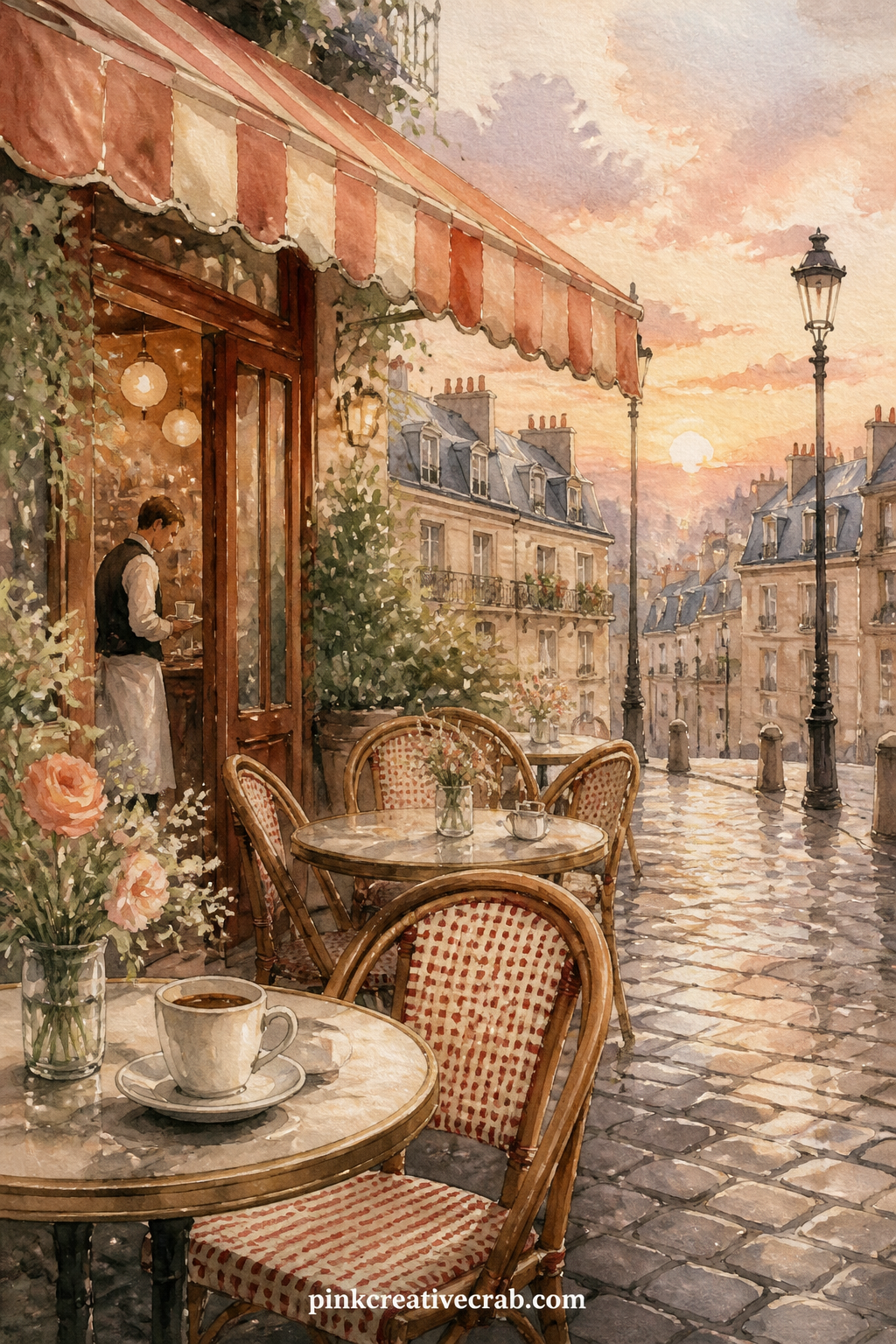 Paris Cafe Terrace At Dawn printable page — Pair this one with the bean pattern page later in the set, tucking a strip of it behind the terrace as a false