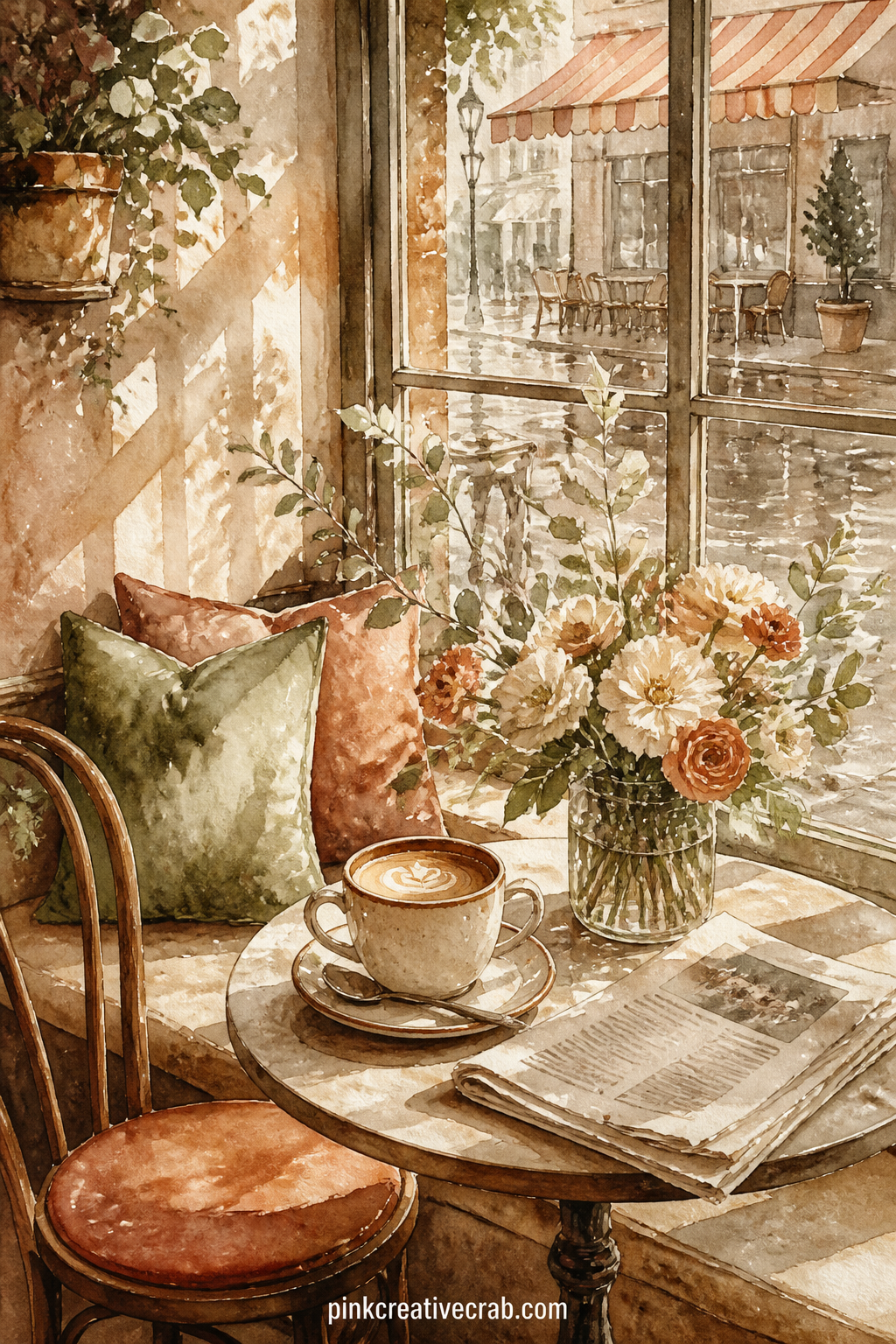 Cafe Window Seat At Noon printable page — Glue a small photo of a real cafe visit into the empty seat near the window, where the light falls across the painted