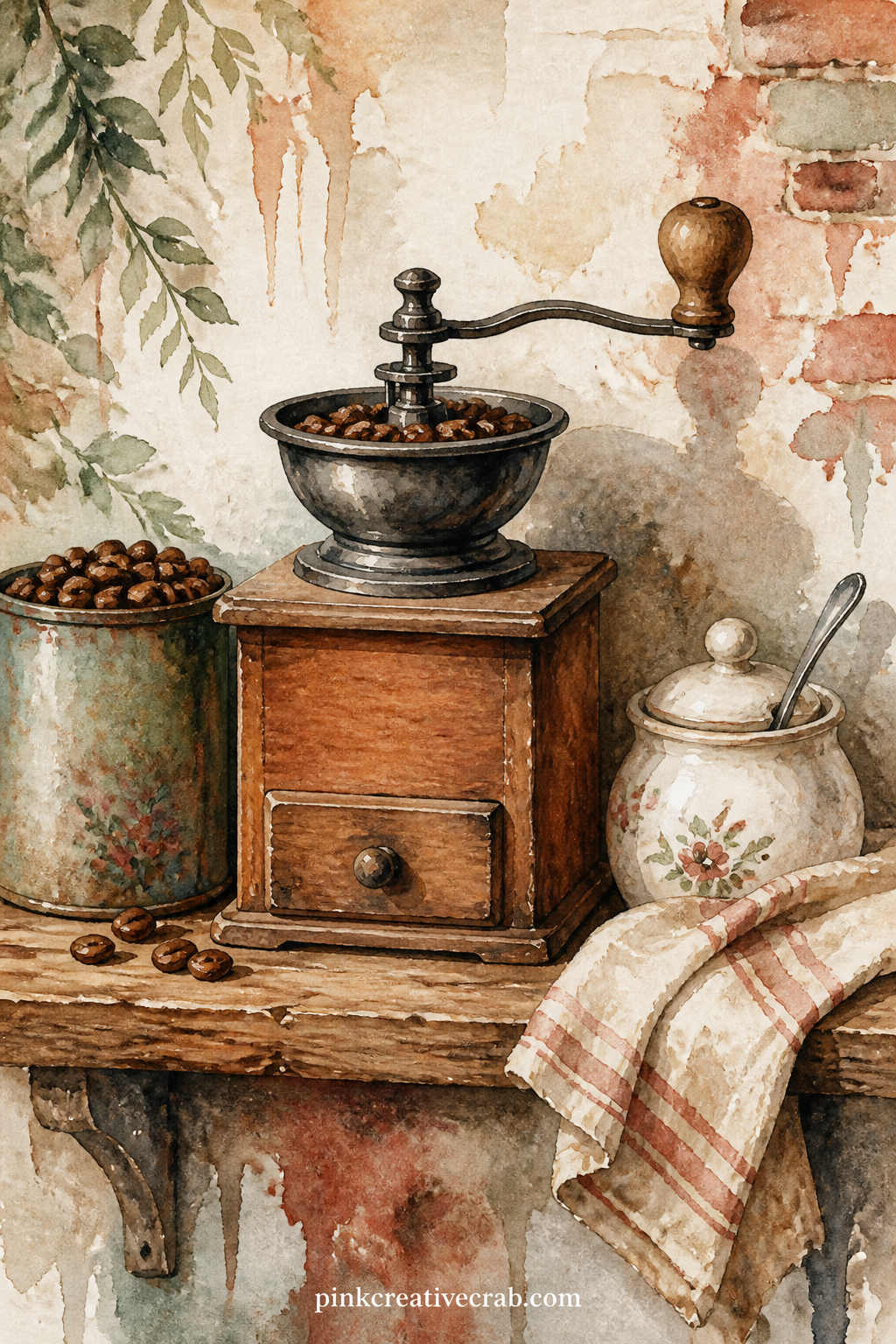 Vintage Coffee Grinder On A Shelf printable page — The usual mistake with a still life page like this one is leaving too much blank shelf around the object.