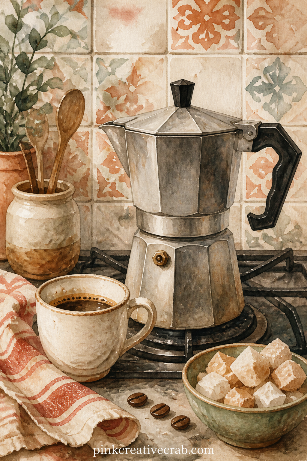 Moka Pot On The Stove printable page — A stovetop moka pot sits beside a small cup, a folded tea towel and a bowl of sugar cubes, with a tiled kitchen wall