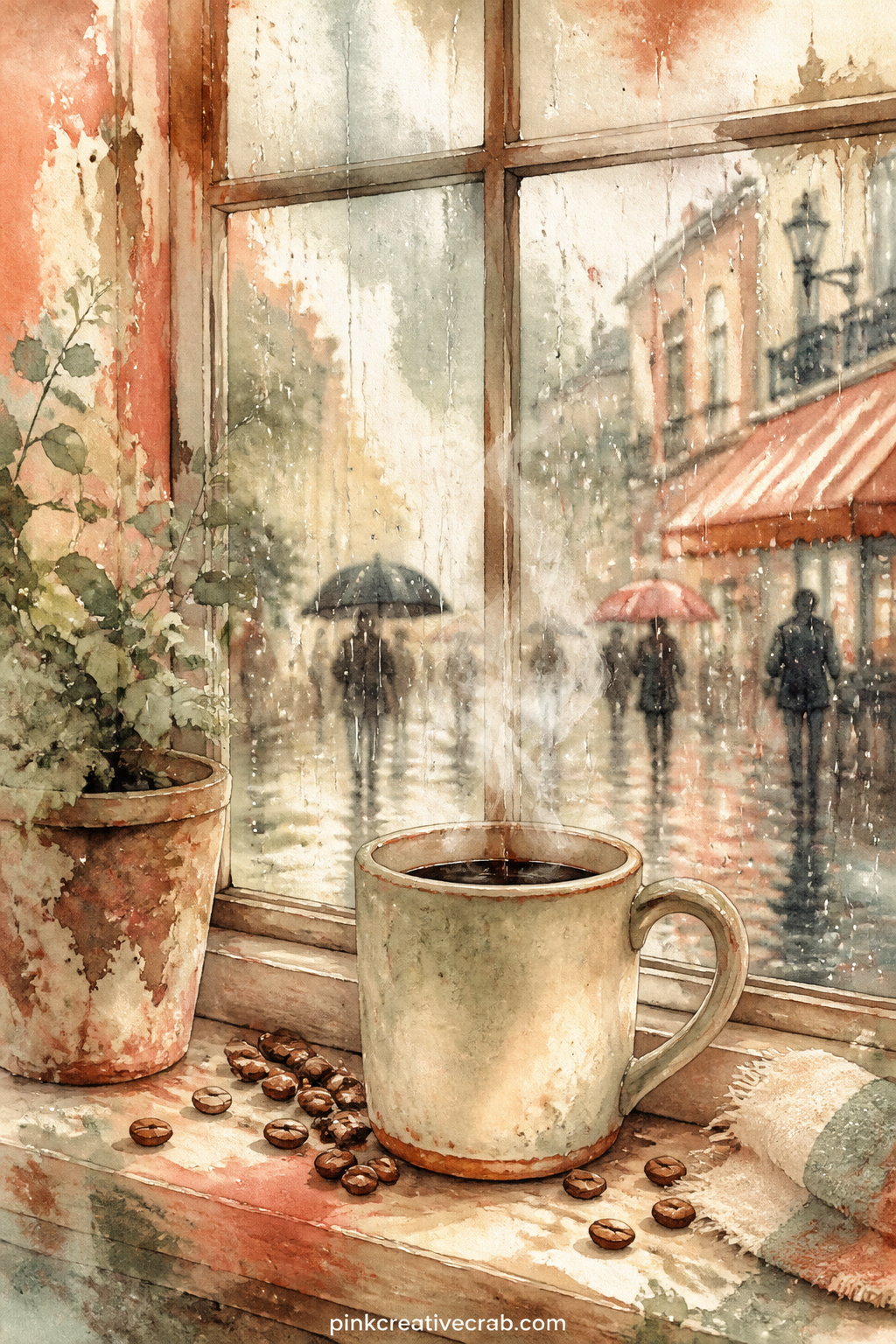 Rainy Window With A Steaming Mug printable page — Rain streaks down a windowpane beside a steaming mug set on the sill, with a blurred street and umbrellas