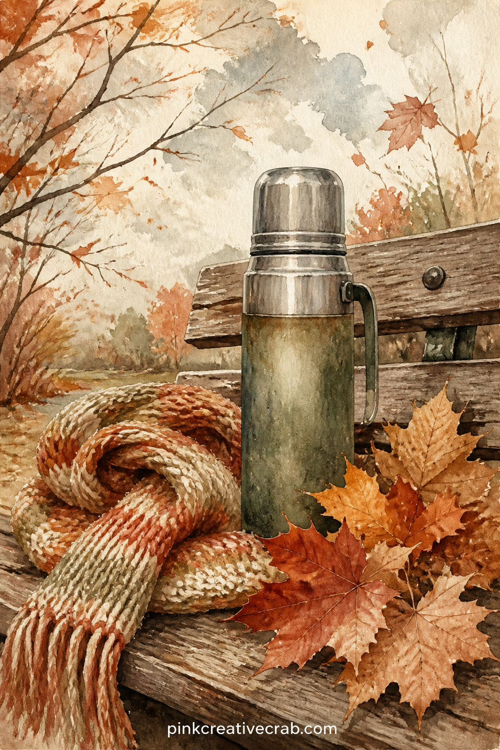 Autumn Leaves And A Thermos printable page — Tear the bottom edge of this page by hand before gluing it in, so the leaves look scattered rather than cut off by