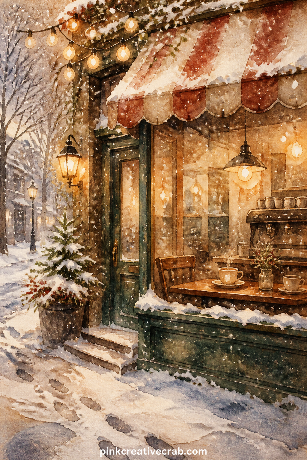 Snowy Cafe Window From Outside printable page — The five minute version of this page works fine on its own: the glowing window and falling snow carry the scene