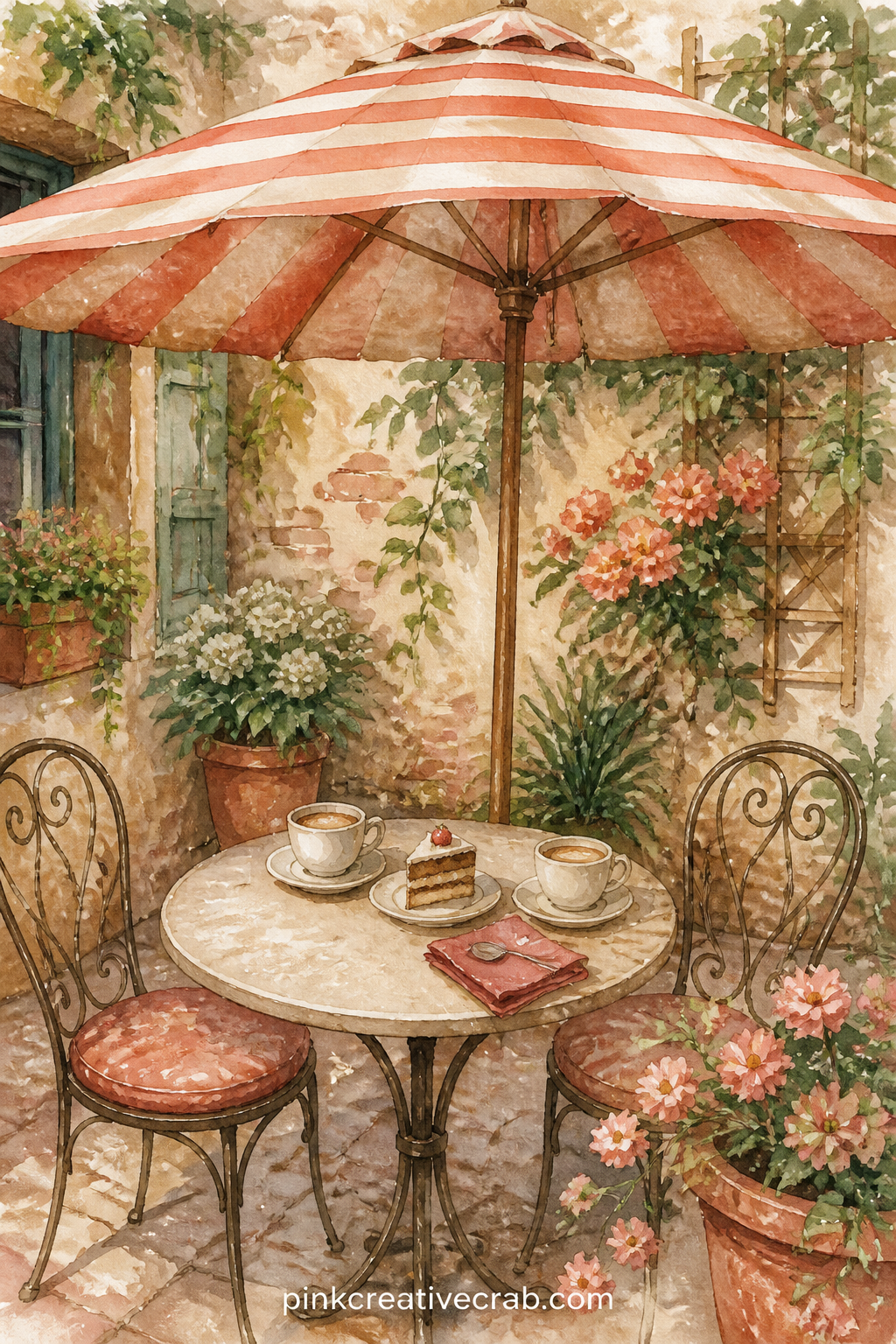 Umbrella Table In A Summer Courtyard printable page — A striped umbrella shades a small table set with two cups, a slice of lemon cake and a folded napkin