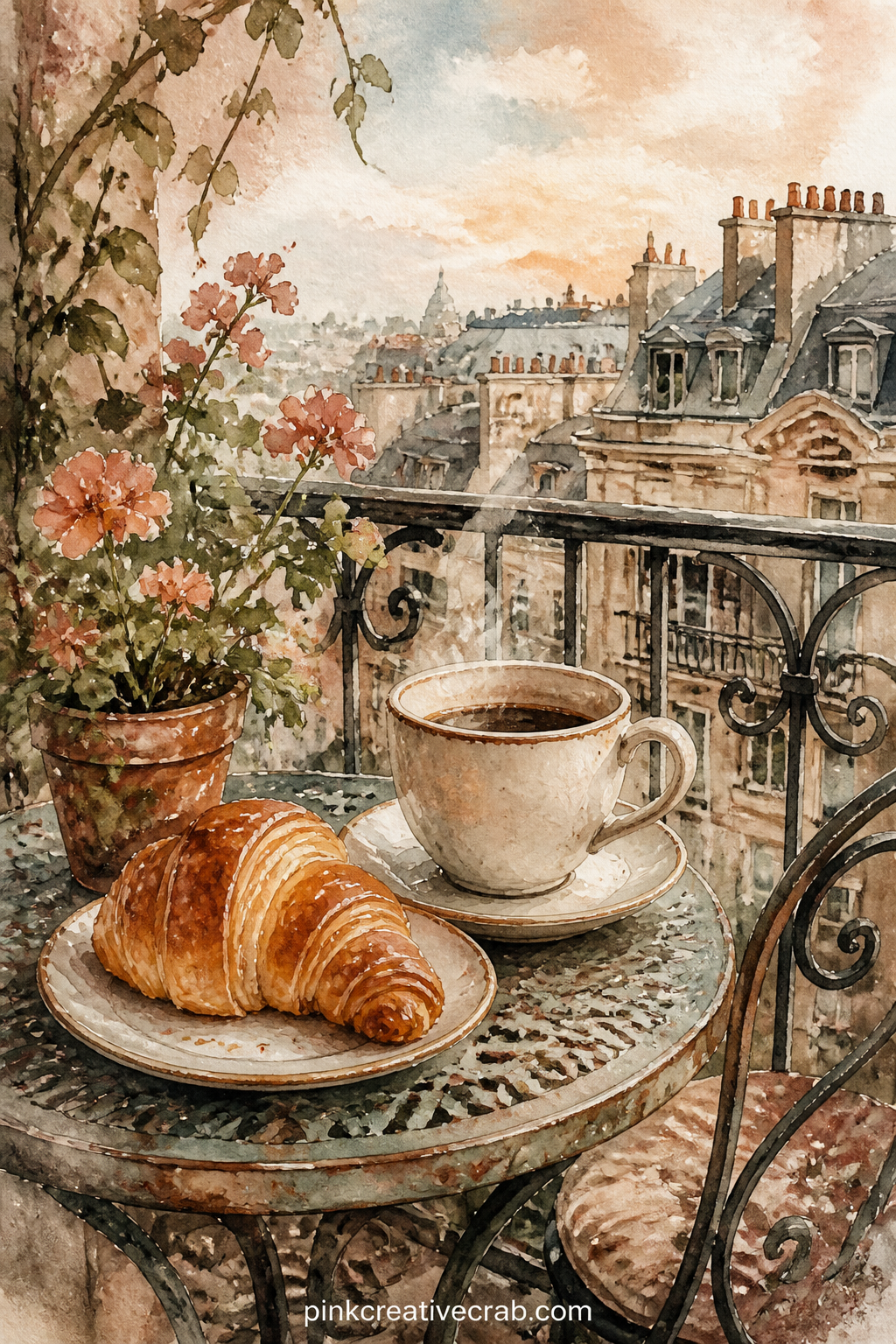 Cup And Croissant On A Balcony printable page — Place this page across from the sidewalk chalkboard page in the finished journal, so one spread holds a quiet