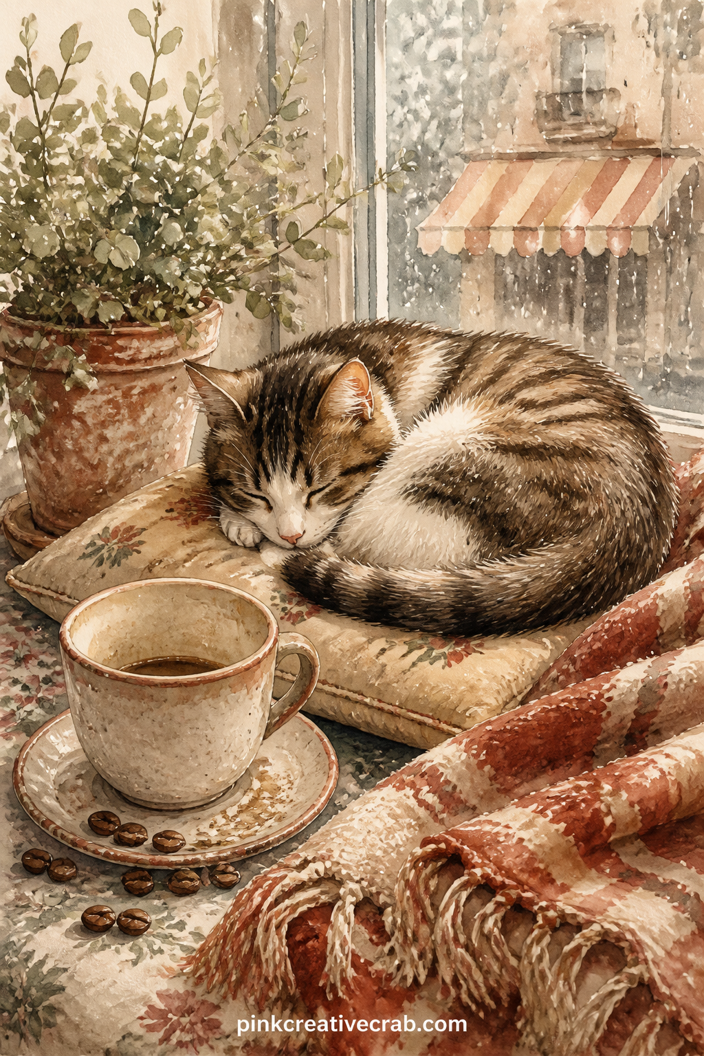 Cat Curled By A Coffee Cup printable page — A small cat curls beside a half finished cup on a cushioned windowsill, with a potted herb and folded blanket