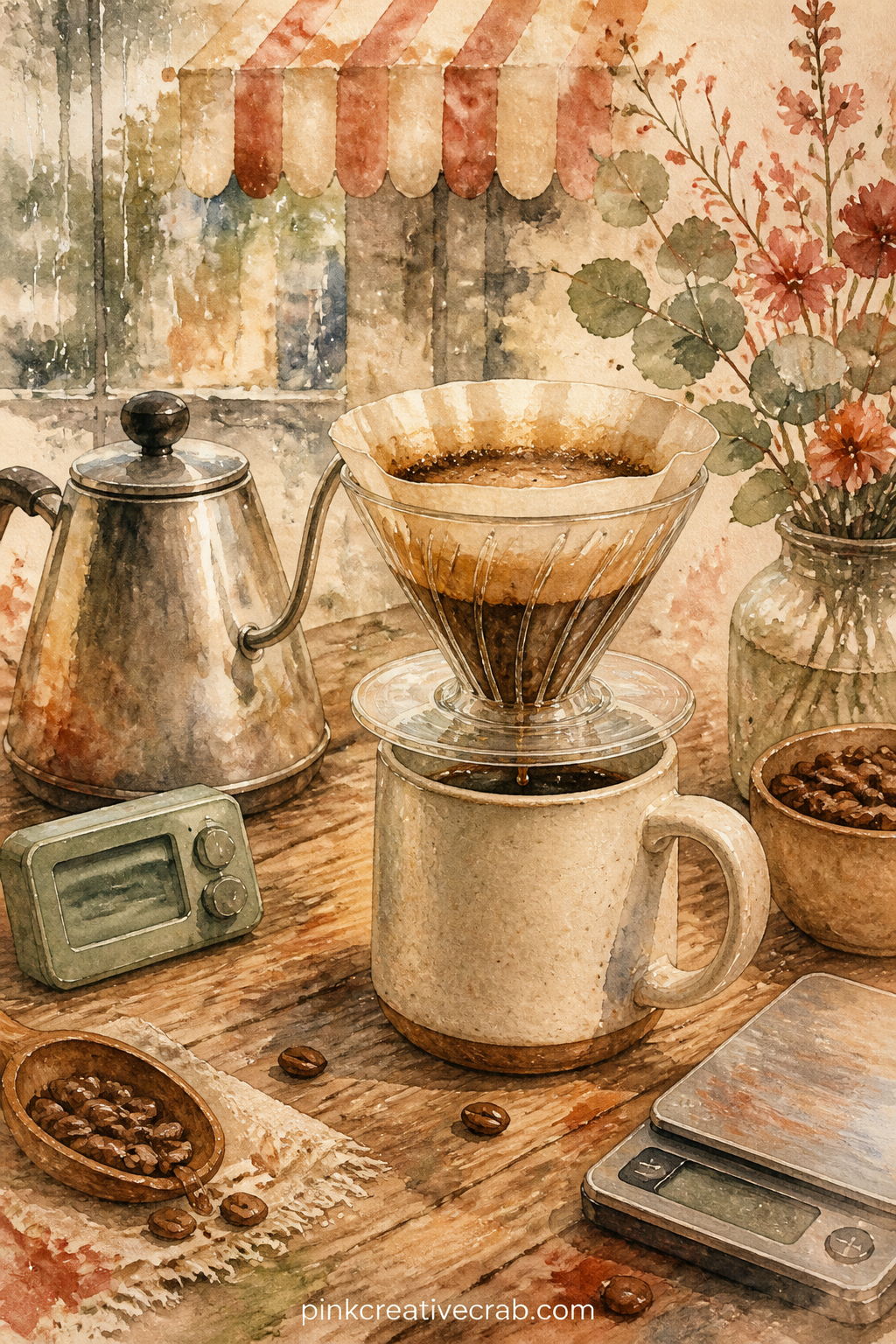 Pour Over Coffee Setup printable page — A glass pour over dripper sits over a mug, with a kettle, a timer and a small scale arranged around it on a painted