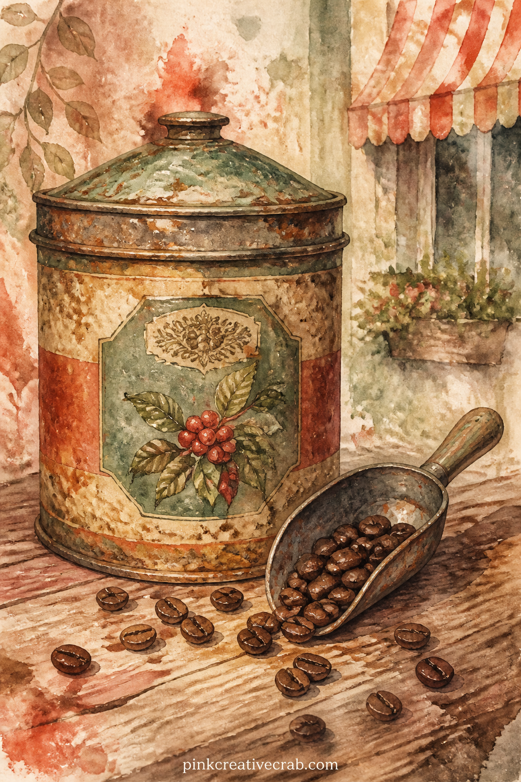 Vintage Coffee Tin And Scoop printable page — Glue a torn scrap of real packaging or a printed label fragment onto the blank face of the tin for a page that