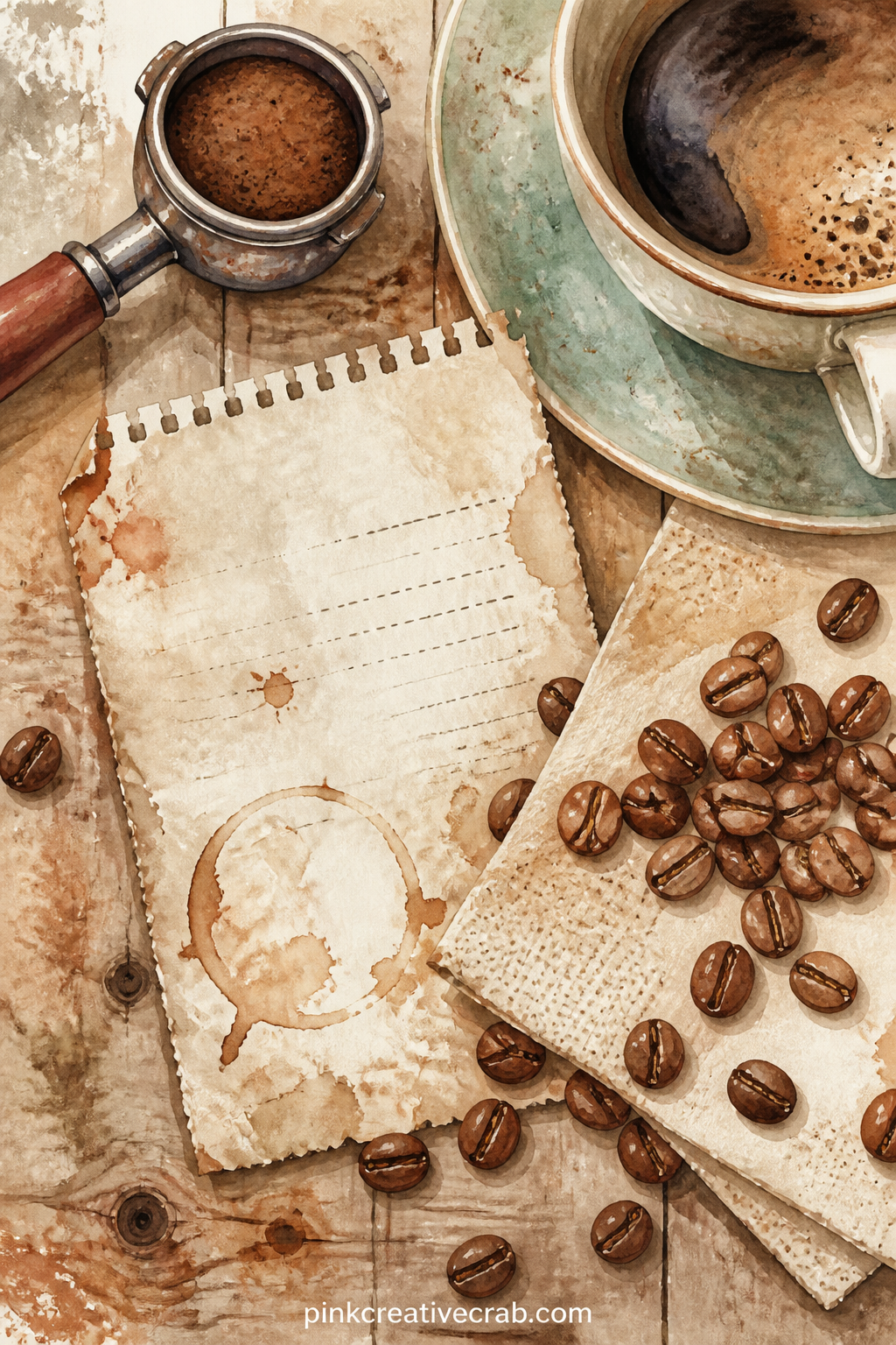 Cafe Ticket And Loose Beans printable page — A torn cafe receipt rests beside a small scatter of loose beans and a folded napkin, with a plain wooden table