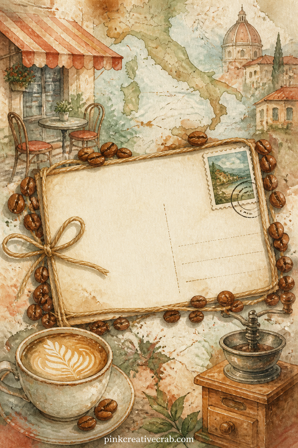 Postcard From A Coffee Trip printable page — Leave the center of the postcard blank on purpose, since that empty rectangle is meant to hold a real postcard or