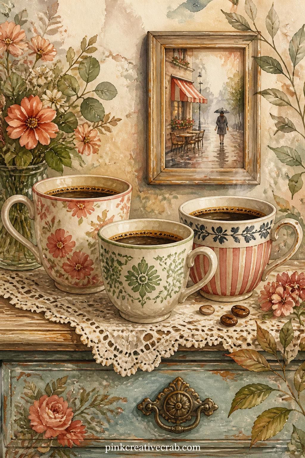 Cup Collection On A Dresser printable page — Three mismatched cups in different patterns sit together on a dresser top, with a lace runner and a small framed