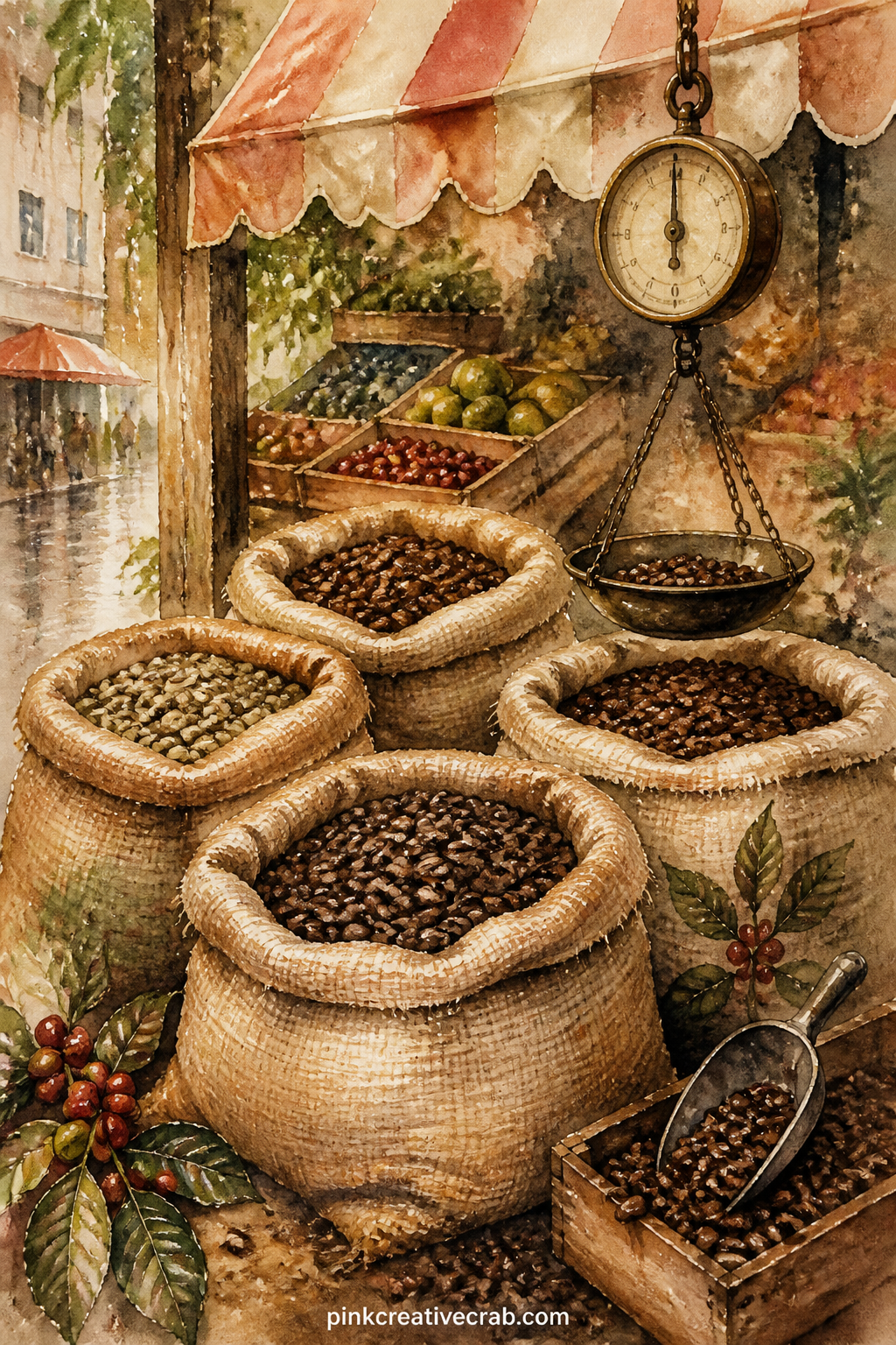 Market Stall Of Coffee Sacks printable page — Stacked burlap sacks spill open to show raw beans, with a hanging scale, a chalkboard price sign and crates of