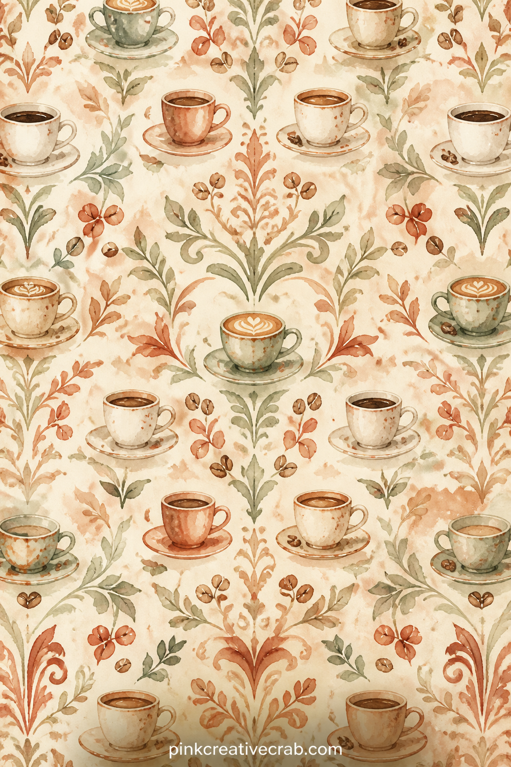 Coffee Cup Damask Background printable page — This damask of small cups and saucers works well behind a framed photo, as a journal cover, or lining a pocket
