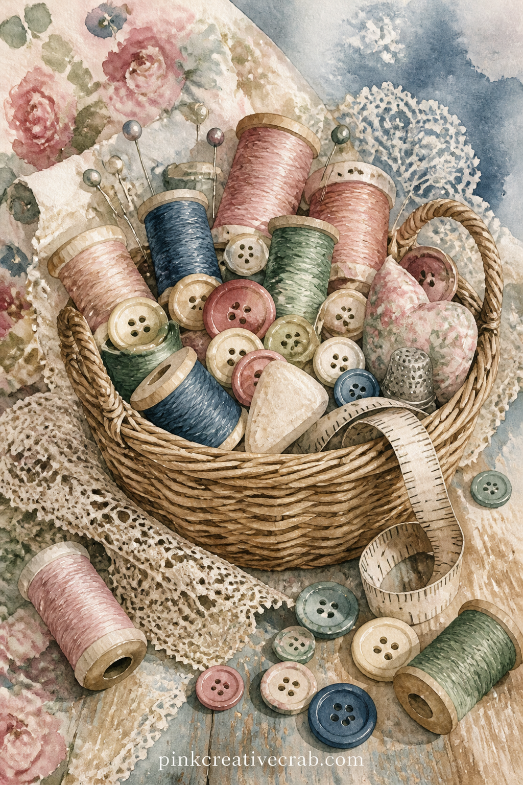 Basket Of Spools And Buttons printable page — Pair this page with the ticking stripe background further on in the set: glue the basket scene onto the left