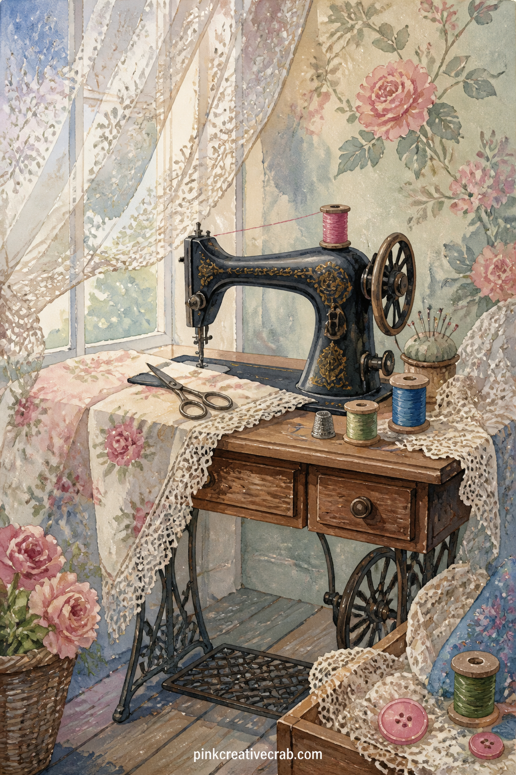 Vintage Machine By The Window printable page — A black and gold treadle machine sits under a lace curtained window, light falling across the needle plate and a