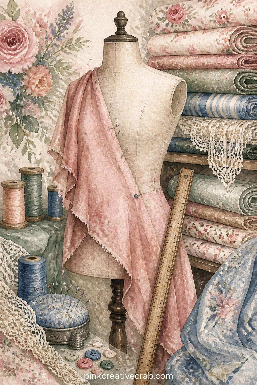 Dress Form In The Tailor Shop printable page — A dress form draped in unfinished cloth stands in a corner of the shop, pins marking a hem and a yardstick