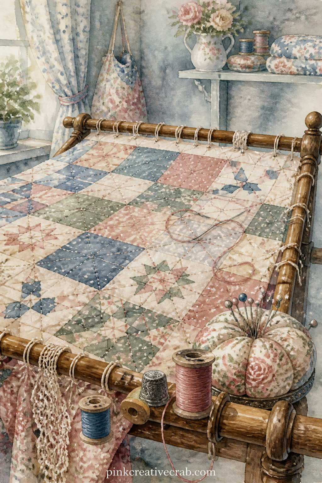 Quilt On The Stitching Frame printable page — The usual mistake with a busy scene like this is gluing it flat against a facing page with nothing else, so it