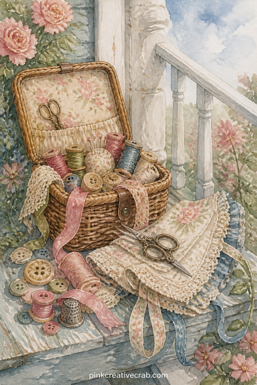 Sewing Basket On The Porch printable page — An open wicker sewing basket rests on a porch step, spilling ribbon, a folded apron and a pair of small scissors