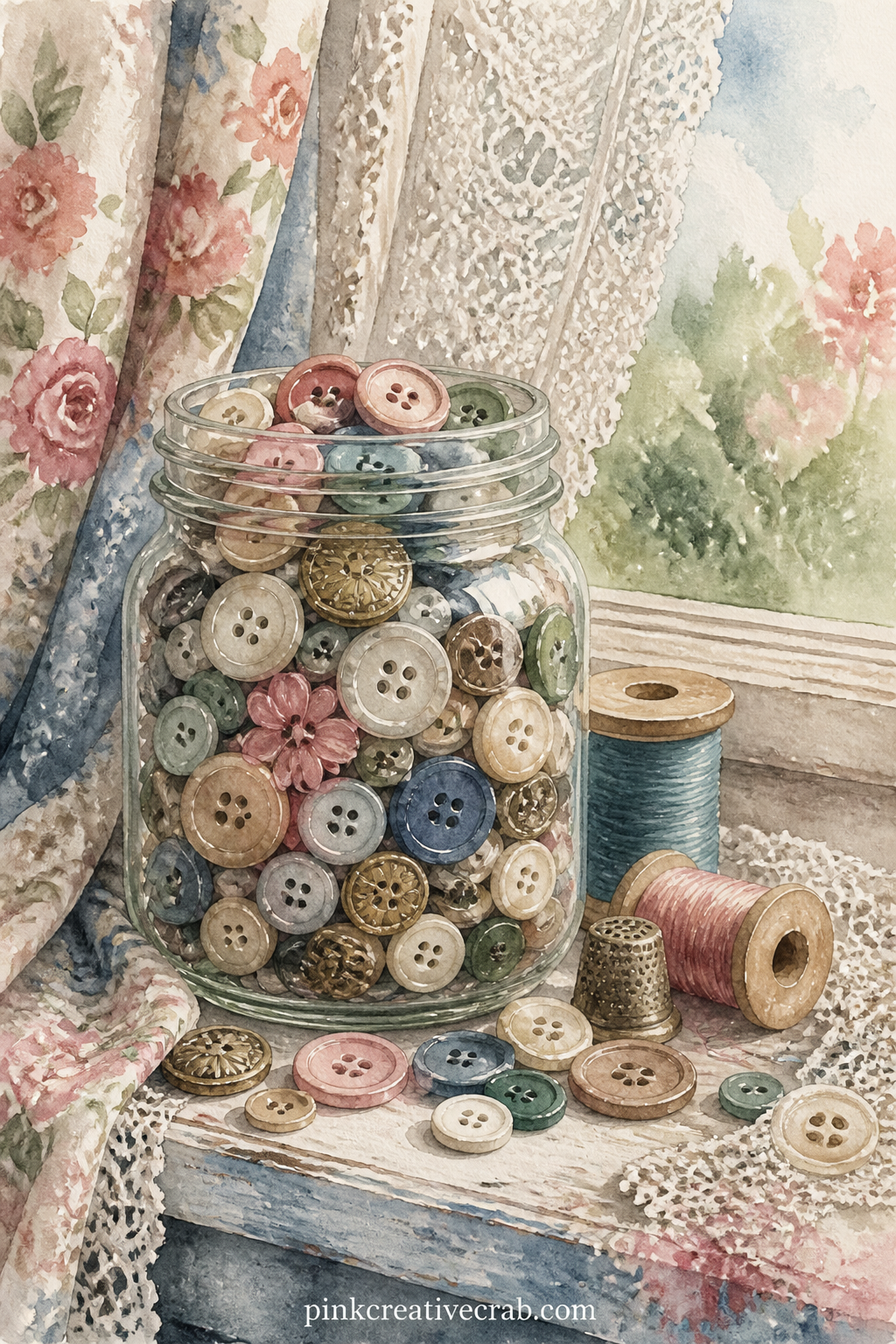 Button Jar On The Windowsill printable page — Write a short line about where each button came from, an old coat, a grandmother's blouse, a shirt long since