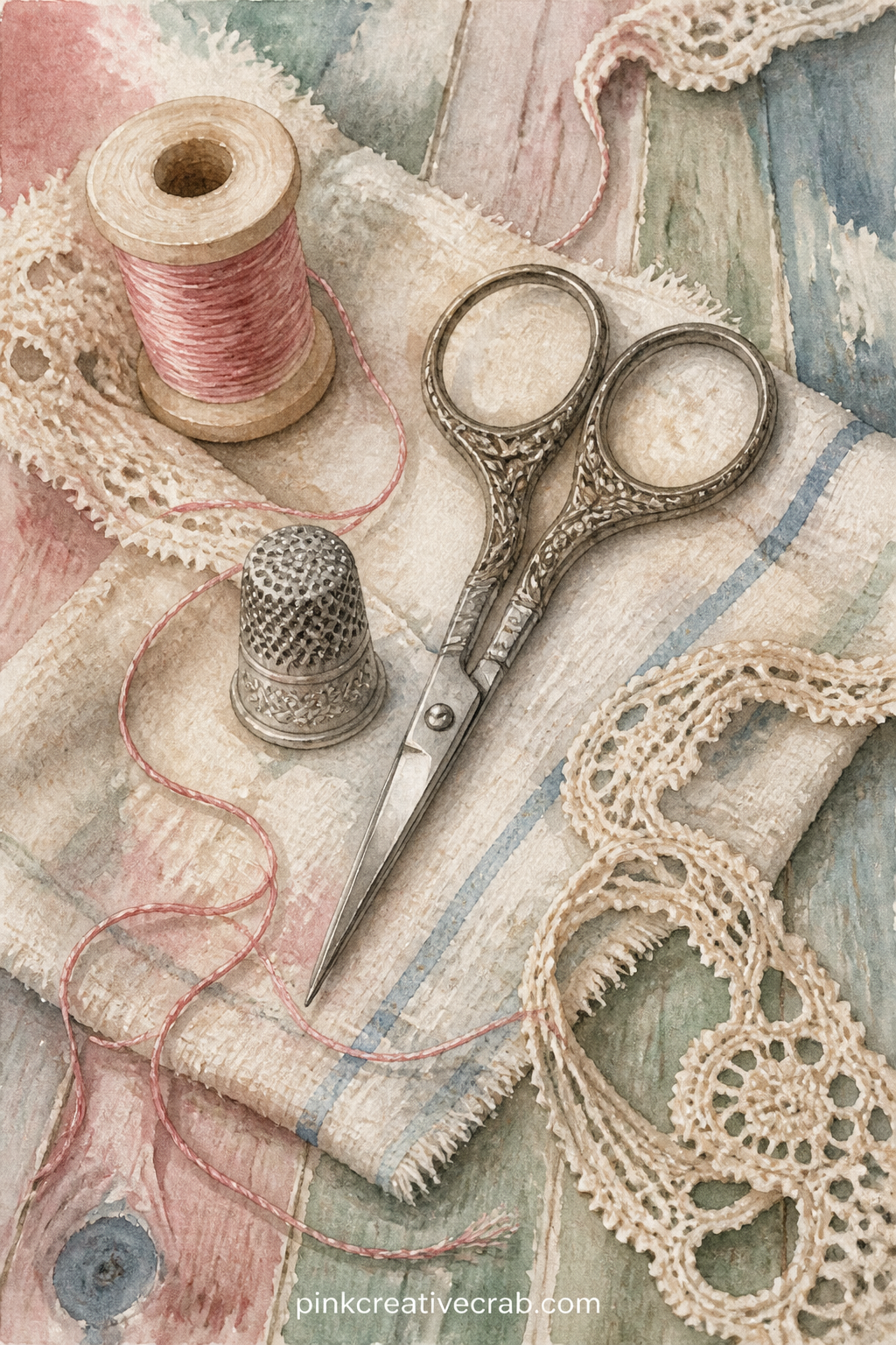 Scissors And Thimble Still Life printable page — A pair of embroidery scissors, a worn silver thimble and a length of unspooled thread rest together on a