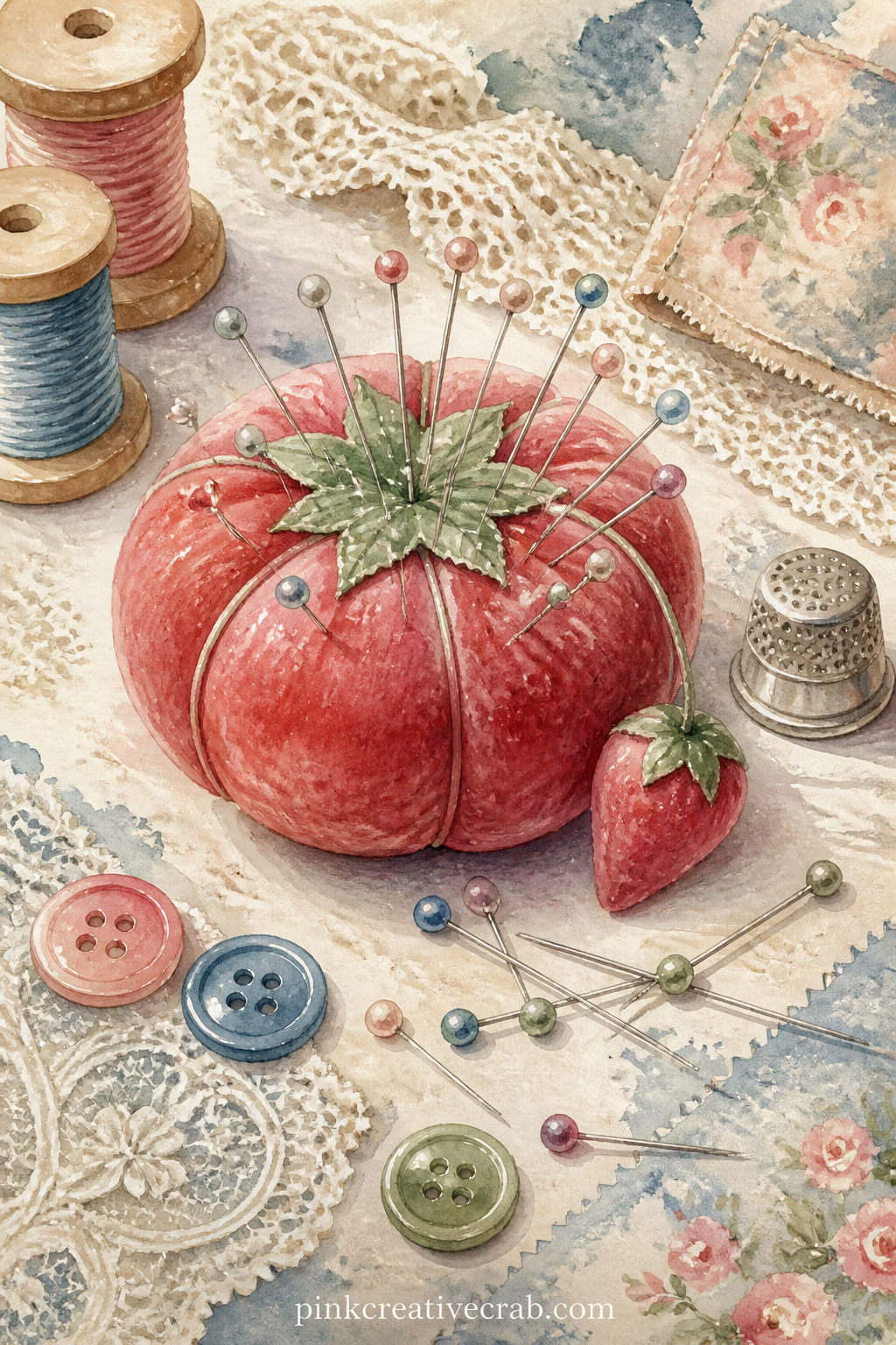 Pincushion And Loose Pins printable page — Try the five minute version of this page: skip the full background wash and simply paint the pincushion and a