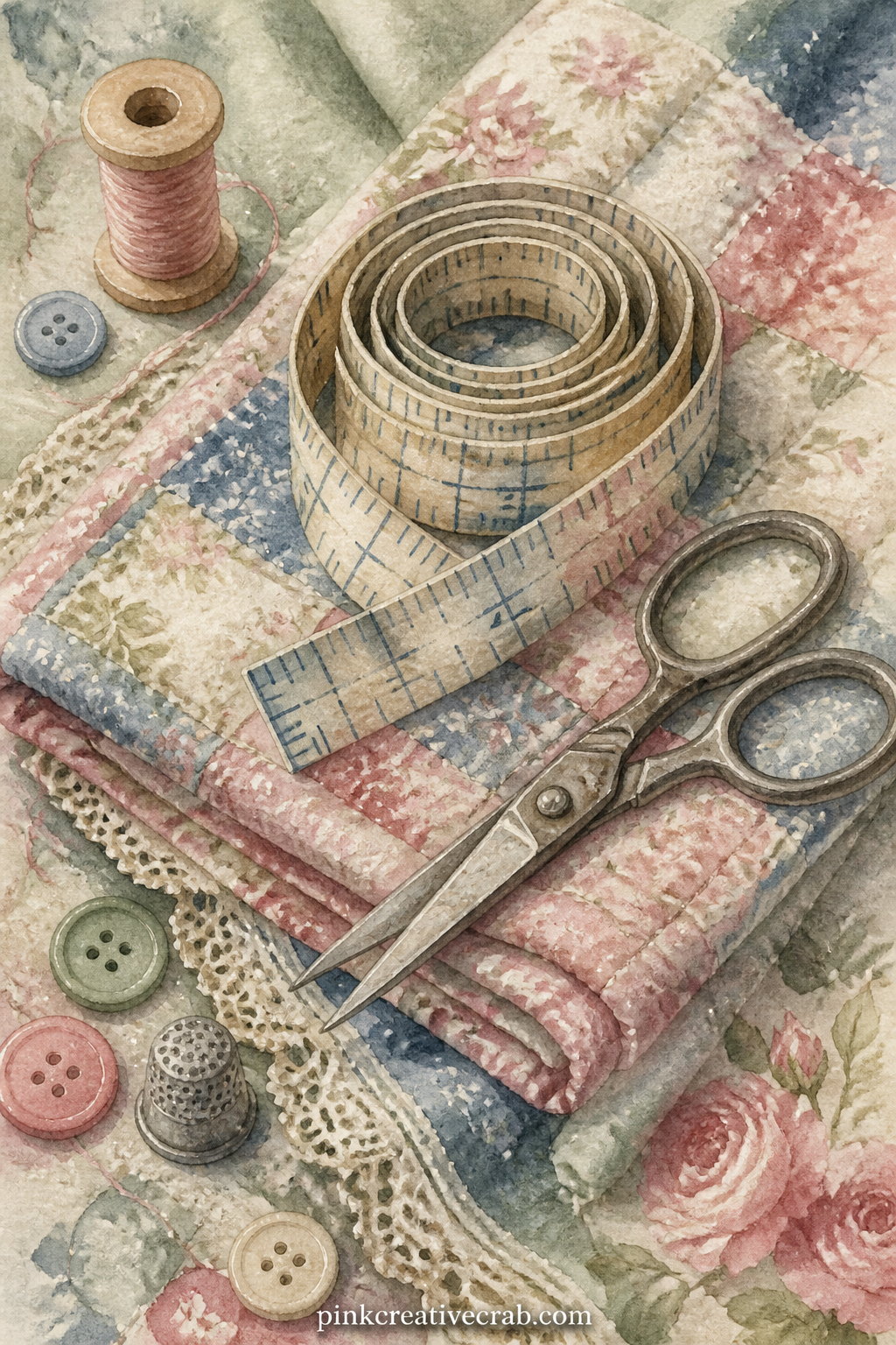 Tape Measure Coiled On Cloth printable page — A cloth tape measure coils loosely on a folded quilt square, its numbers faded, beside a small pair of fabric