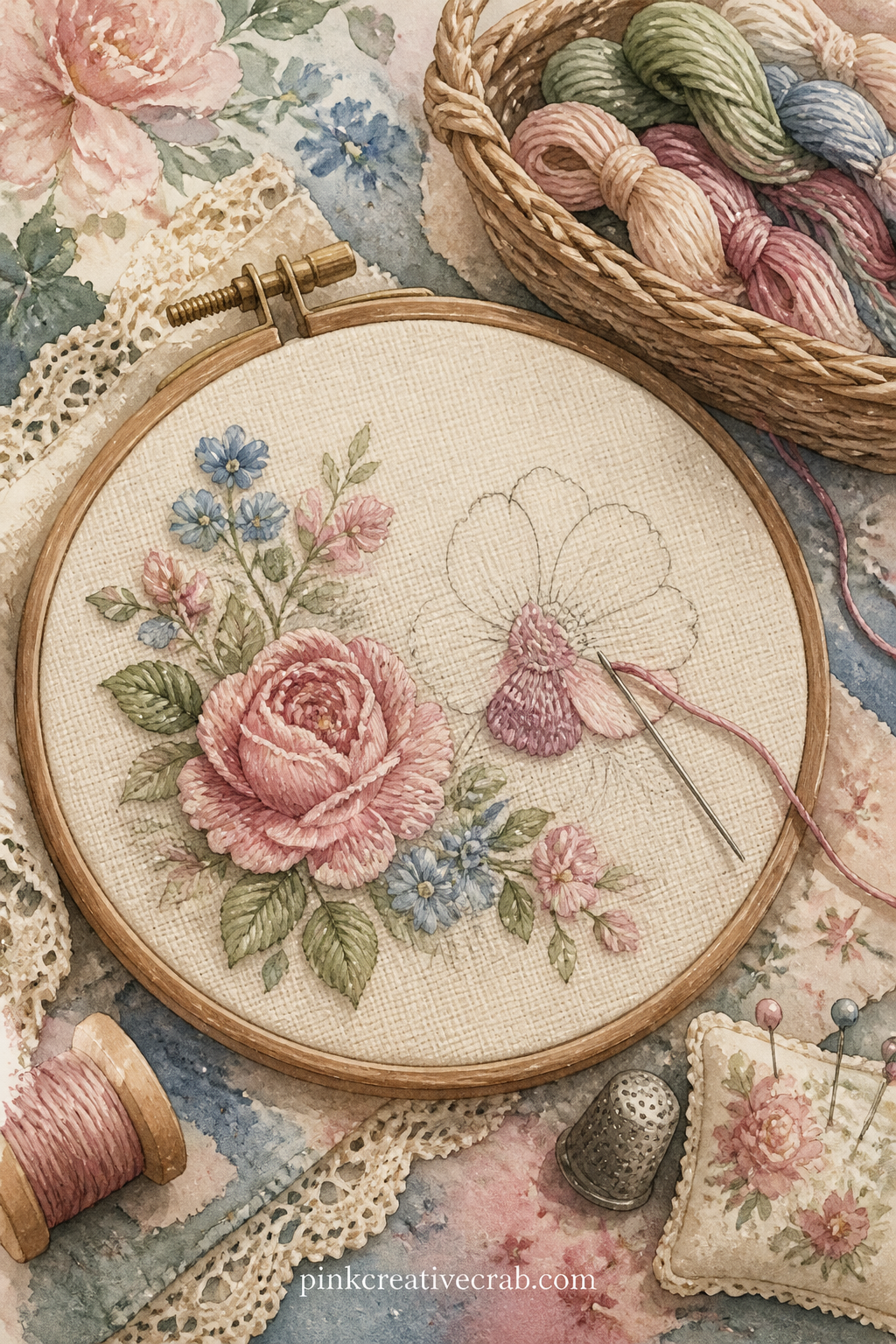 Embroidery Hoop And Half Finished Flowers printable page — A wooden embroidery hoop holds linen stitched halfway through a spray of flowers, needle resting in