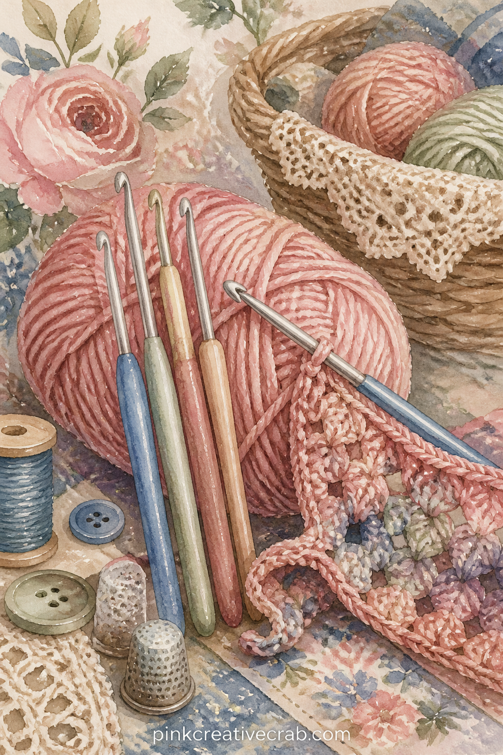 Crochet Hooks And Yarn Skein printable page — A handful of crochet hooks lean against a soft skein of yarn, a few rows of half finished stitching trailing from