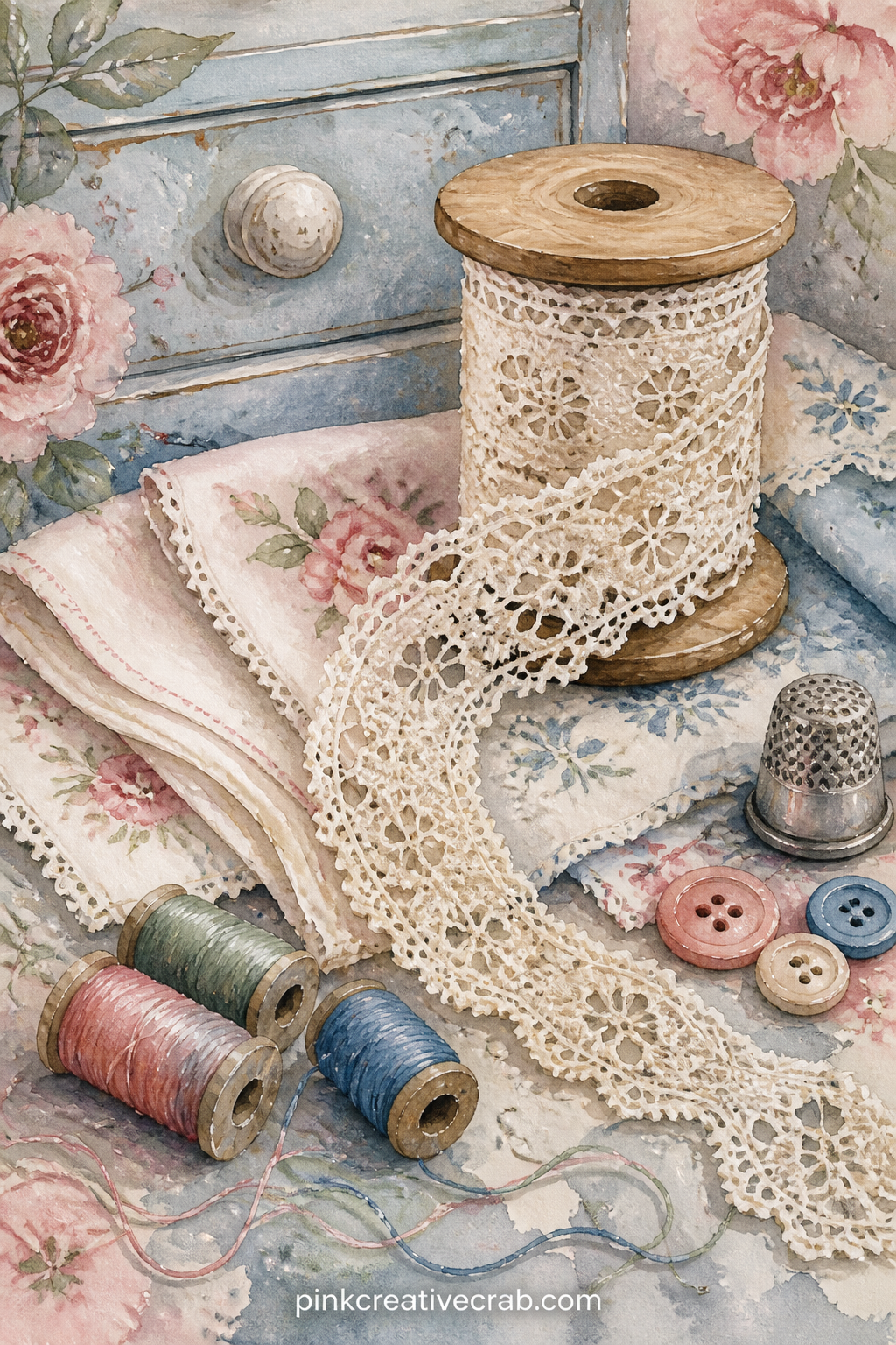 Lace Trim On The Spool printable page — Tea stain the edge of this page before gluing it in and the lace will look softer against the aged paper, closer to